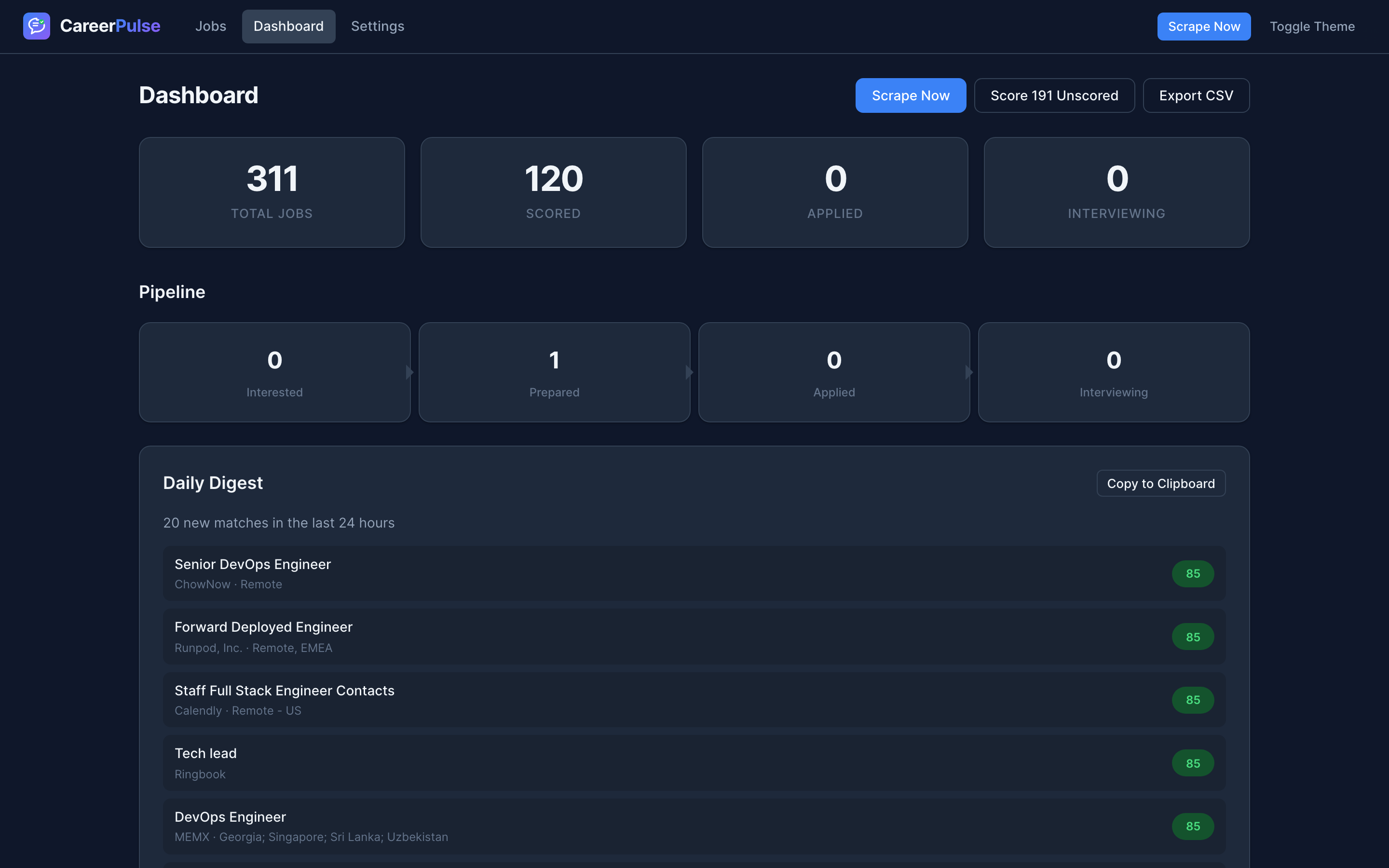 CareerPulse dashboard showing job pipeline stats, daily digest, and scraping controls