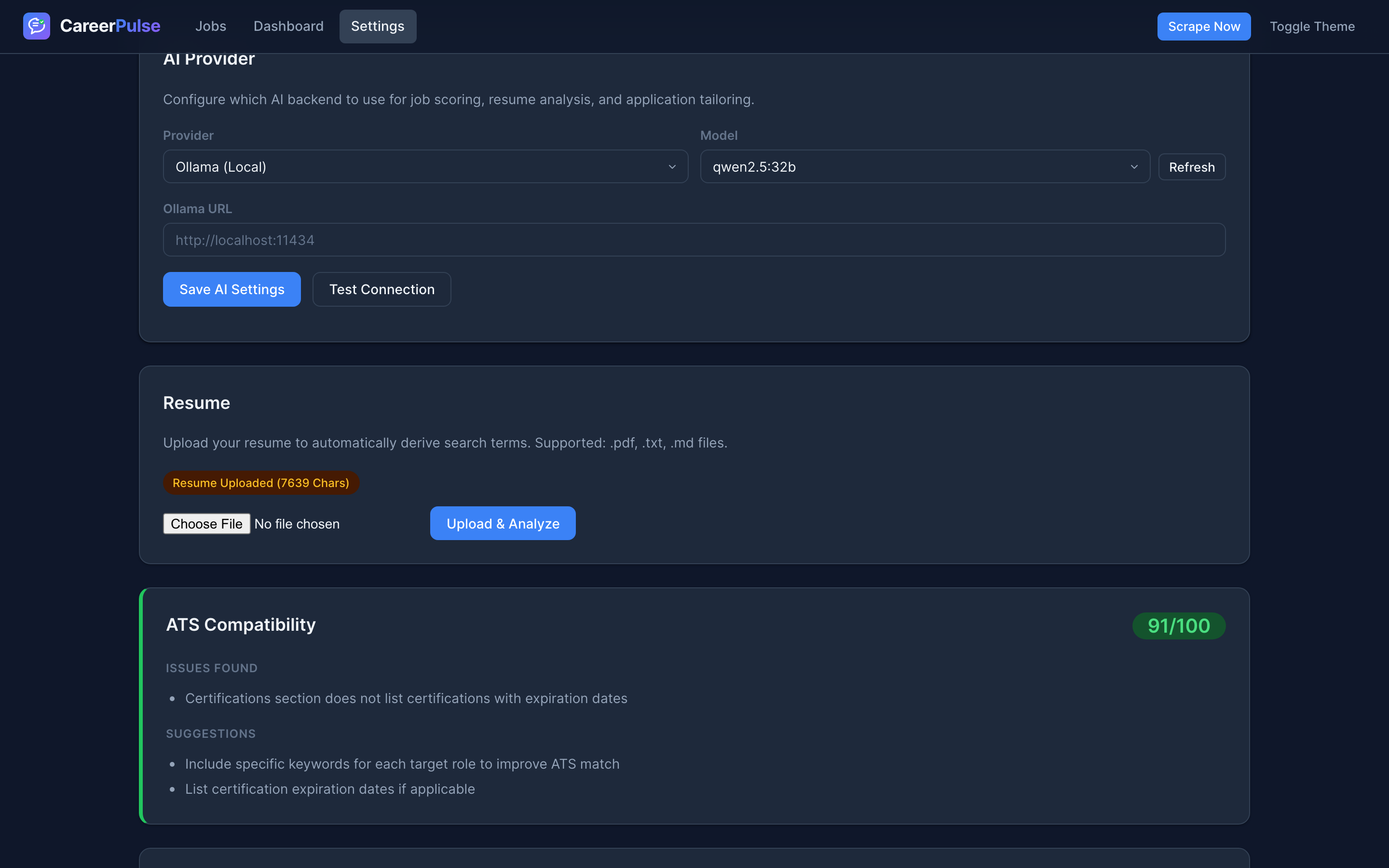 AI resume analysis showing ATS compatibility score, extracted skills, and suggested job titles
