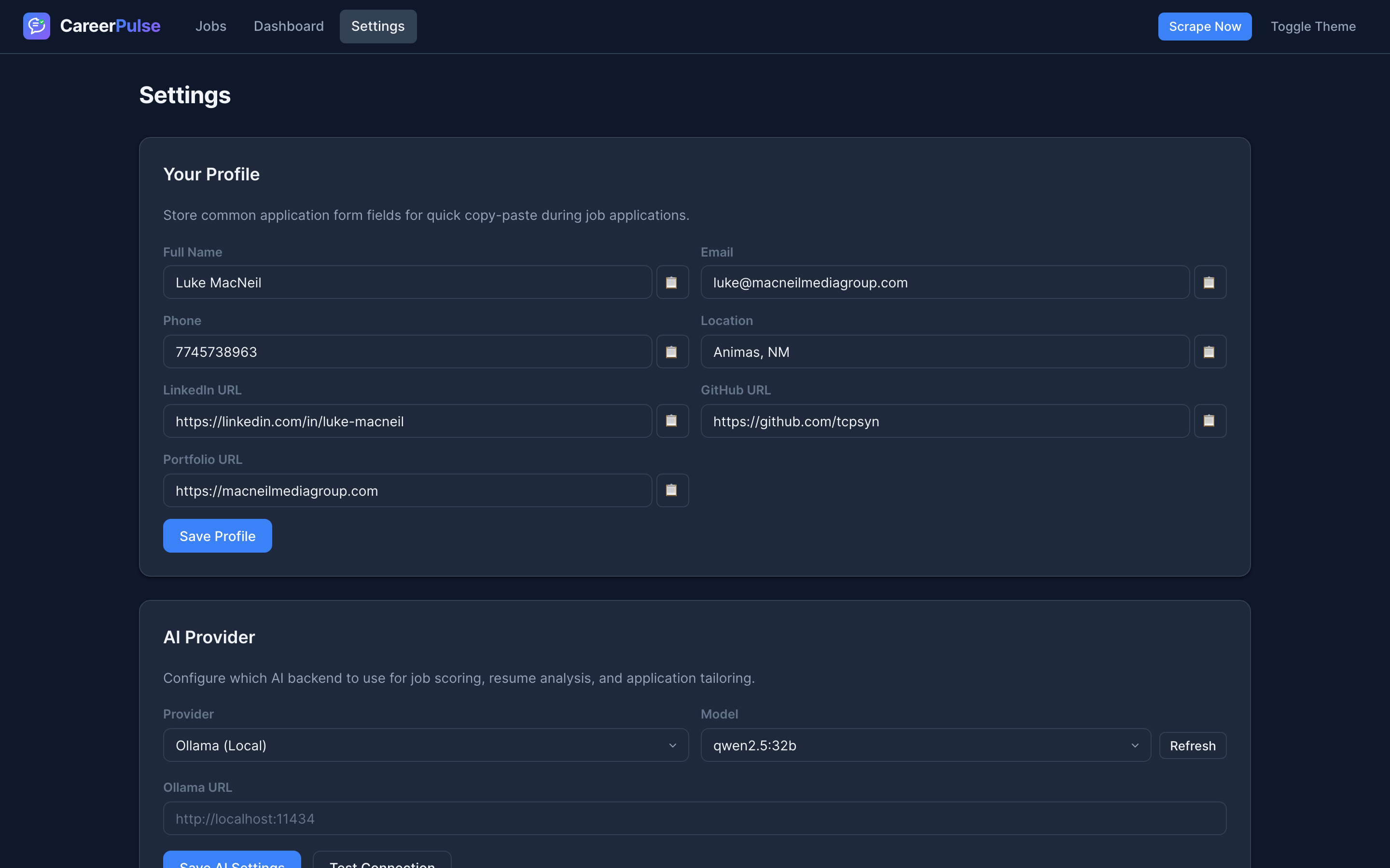 CareerPulse settings page with AI provider configuration for Anthropic and Ollama