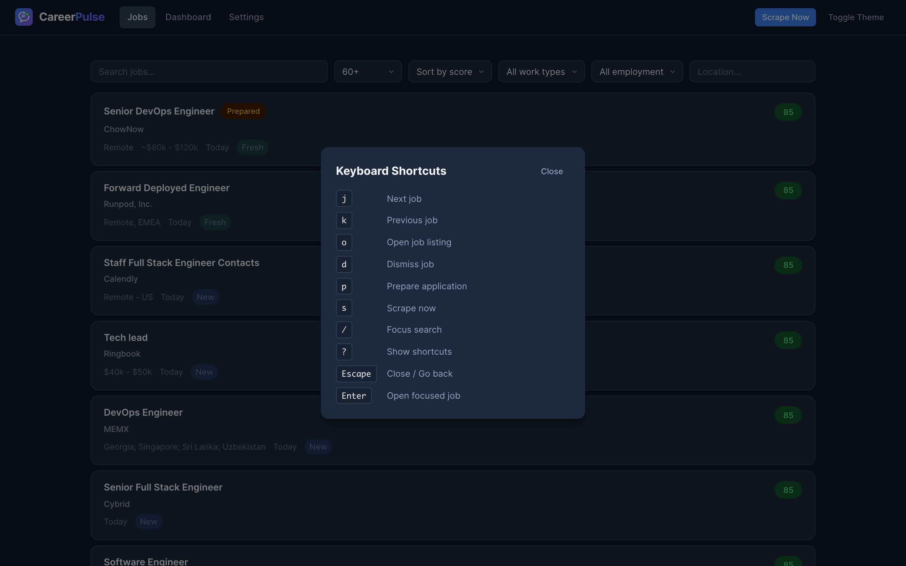 Keyboard shortcuts for power-user navigation in CareerPulse job search tool